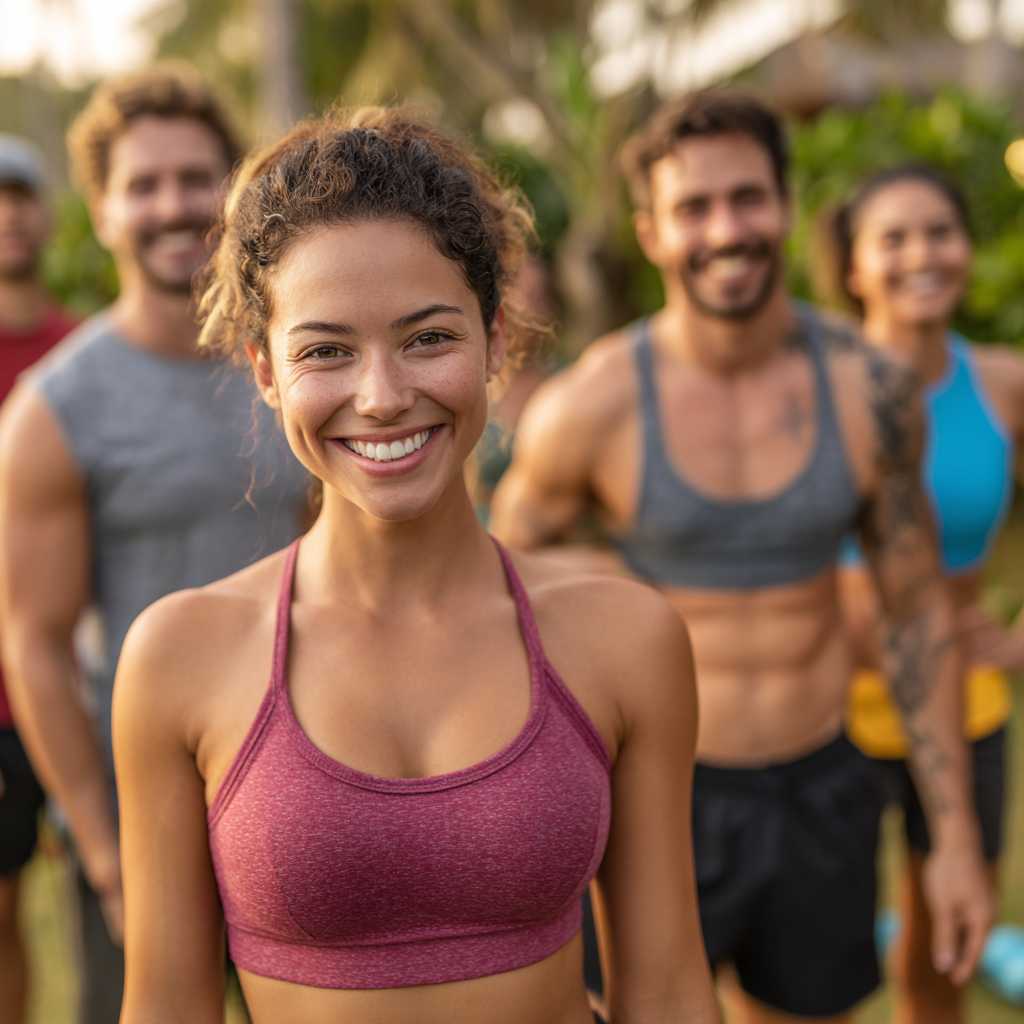 Diverse group of people doing outdoor fitness activities together, showing community approach to healthy lifestyle with natural background