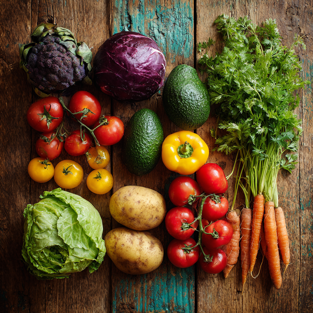 Fresh organic vegetables and fruits arranged beautifully on wooden surface with natural lighting, representing sustainable healthy eating and eco-friendly lifestyle